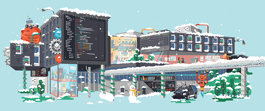  This cartoon-style rendering of the Gates-Hillman Centers for Computer Science shows the usually glass building decked out for the winter, with snow on the windows, and garlands wrapped around its support beams. A snowman resides in the foreground, and through the building's windows you can see people hard at work.