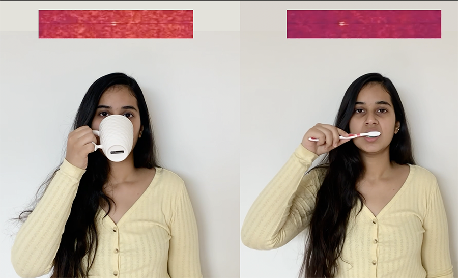  A woman in a cream shirt drinks from a coffee mug on the left, and is shown brushing her teeth on the right.