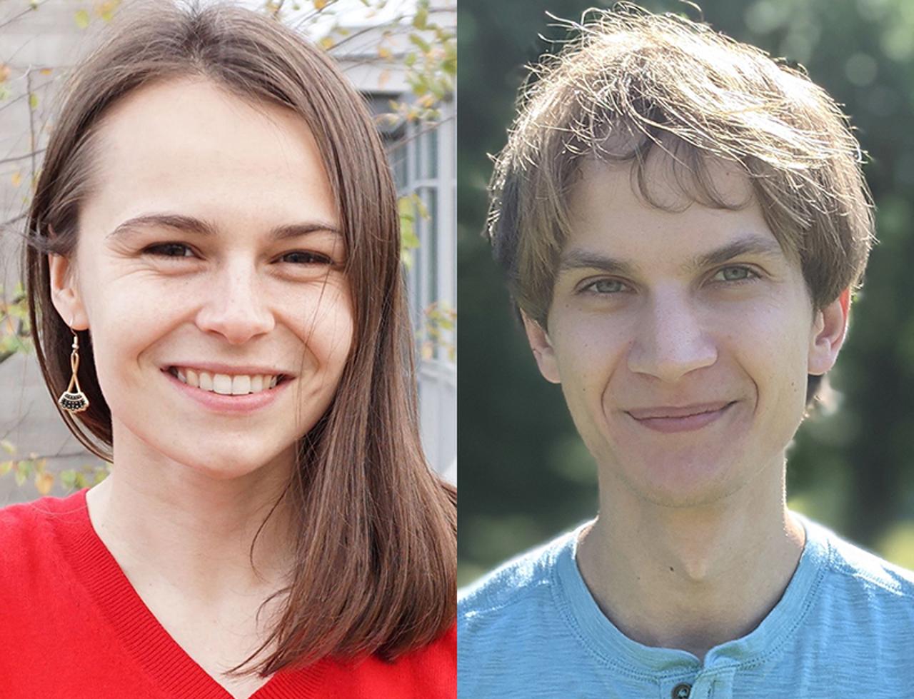  A brunette woman in a red shirt and a dark haired man in a light blue shirt