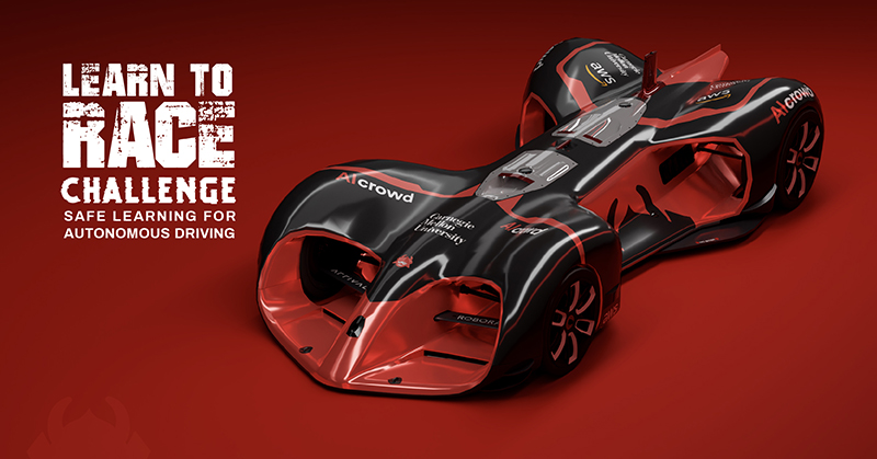  A sleek black and red racecar on a red background with the words "Learn To Race Challenge: Safe Learning for Autonomous Driving"