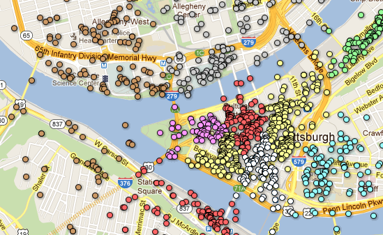  A map of the Downtown Pittsburgh area is marked with different colored circles to represent different livehoods. These clusters of circles are brown, gray, purple, red, yellow and blue.