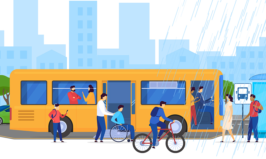  This illustration shows a street with a bus in the foreground and skyscrapers in the background. People are boarding the bus, while a man rides a bicycle on the sidewalk.