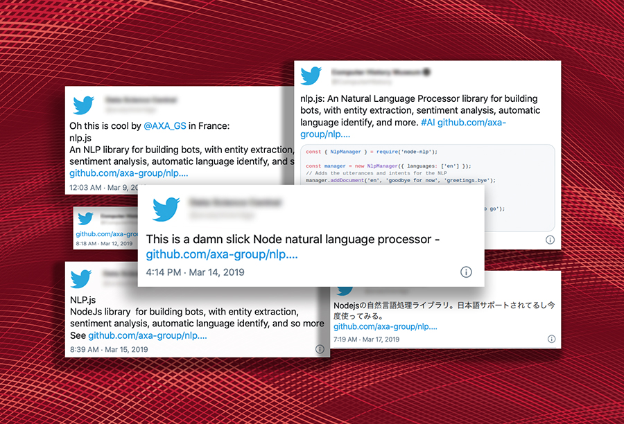  A cluster of six tweets praising various open-source products is collaged against a red background.